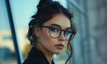 Fashionable woman with stylish glasses giving a confident gaze in an outdoor portrait AI generated