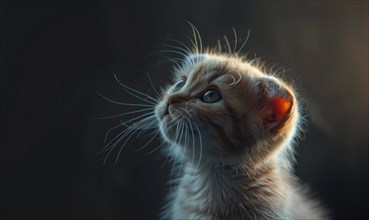 A kitten looking up with curiosity, whiskers detailed against a dark backdrop AI generated