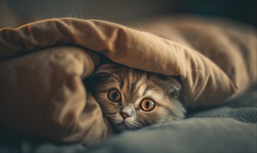 A playful cat peeking out from under the covers, eyes full of curiosity AI generated