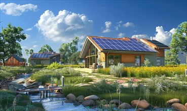 Eco-friendly yellow house with solar panels amidst wildflowers and pond reflections AI generated