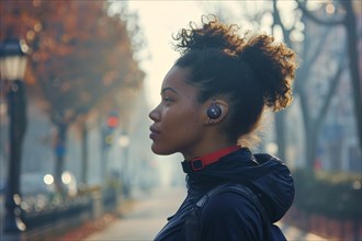 Pensive young woman with headphones looking away in an urban park during autumn, AI generated