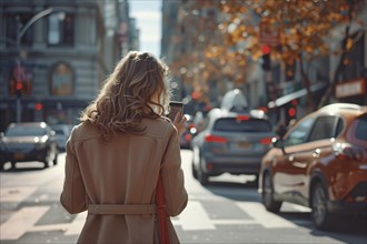 Woman walking away on a sunny city street lined with autumn leaves, exuding a sense of style, AI