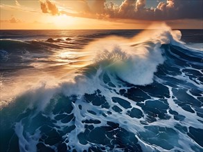 Aerial photography capturing a colossal wave breaking at sunrise, AI generated