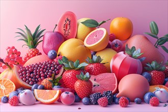 A blend of fresh fruits with pink and orange shades against a soft pink background, illustration,