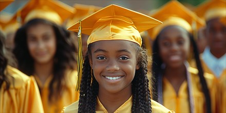 A proud young girl in a cap and gown smiling during a graduation ceremony, AI generated