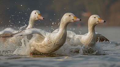 Three ducks splashing in water captured in a dynamic action shot, AI generated