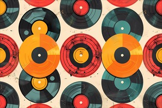 Colorful vinyl records with a retro aesthetic and grungy background, illustration, AI generated