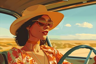 Stylish woman wearing sunglasses and a hat driving a car through the desert, illustration, AI