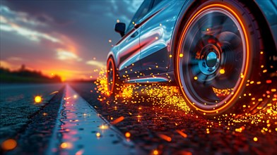 Close-up of a car tire on asphalt, creating sparks and showing motion blur at twilight, low ultra