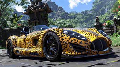 Leopard print racing car in a tropical setting with ancient temple architecture and lush greenery,