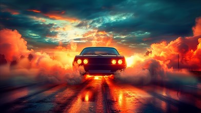 Classic muscle car burnong rubber, drifting and driving towards the viewer with dramatic fiery sky,