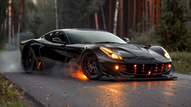Black sports supercar parked in a dark forest with custom exhaust smoking flames and orange glowing