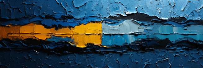 Oil painting with a crackled texture on a dark background featuring blue and yellow, banner 3:1
