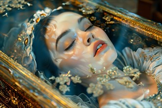 Close up of beautiful Snow White woman sleeping in glass coffin. KI generiert, generiert, AI