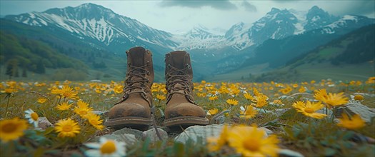 Pair of worn boots among yellow flowers with snow-capped mountains in distance, AI generated