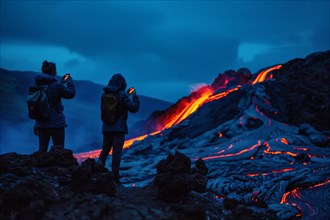 Tourists, onlookers photograph a spectacular volcanic landscape with liquid, partially cooled lava