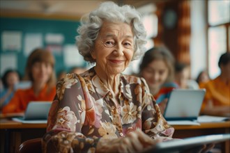 A woman of advanced age, senior citizen, sitting with a digital tablet in a course room, training