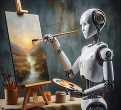 A humanoid robot paints a landscape with brush and paint, symbolic image cybernetics, robotics,