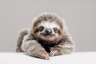 Cute baby sloth on gray background. KI generiert, generiert, AI generated
