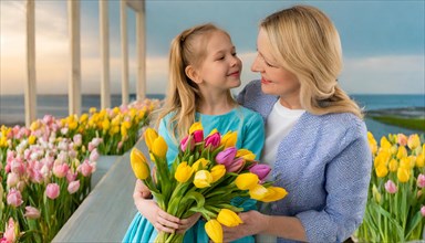 A girl and a woman smile at each other while holding a colourful bouquet of tulips, symbol of