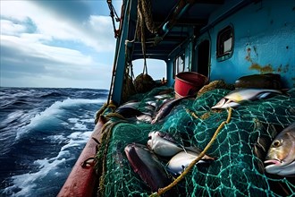 Net pulled aboard a fishing trawler overflowing with a mix of fish and bycatch, AI generated