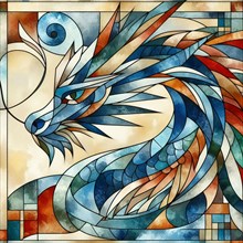 Dynamic abstract mosaic of a dragon with geometric patterns in blue and orange, square aspect, AI