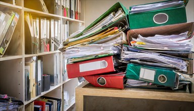 A bookshelf overflowing with piles of files, showing disorganisation in a study, symbol