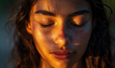 Close-up of a sun-kissed woman with wet skin, closed eyes, feeling peaceful AI generated