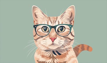 A cute striped cat wearing glasses and looking attentive in a detailed illustration AI generated