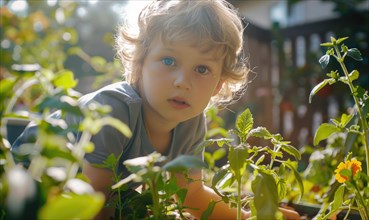 A close-up of a child with big, expressive eyes in a sunlit garden filled with green plants AI
