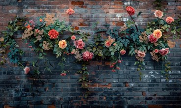 A variety of roses blooming on a climbing plant against a brick wall AI generated