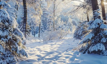 Sunlight filters through snow-laden trees in a peaceful forest setting AI generated