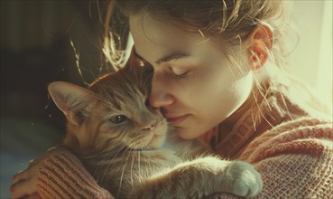 Woman and cat sharing a moment of affection in warm light AI generated