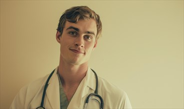 A young healthcare professional in light-colored attire and a stethoscope exudes a subtle confident