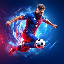 Abstract digital render of a male soccer athlete morphing into fluid shapes, AI generated