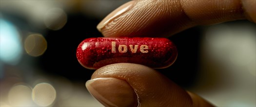 A tactile close-up shot of fingers holding a red pill with 'love' in focus, AI generated
