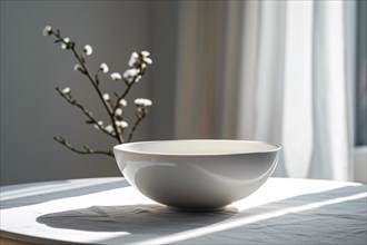 A simple white bowl on a table casting a soft shadow in natural light, AI generated