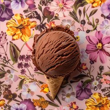 Chocolate ice cream scoop on a watercolor floral pattern background AI generated