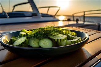Cucumber and dill salad arranged on yacht deck dawns early morning light casting a soft glow, AI