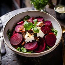 Beetroot and goat cheese salad arranged on a rustic cafe table, AI generated