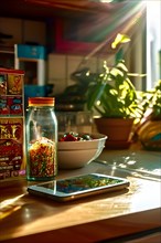 90s kitchen bathed in sunlight transparent smartphone resting on the counter among vibrant cereal