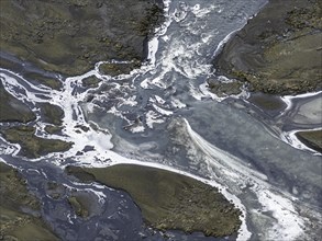 Overgrown river landscape, Fjallabak Nature Reserve, drone shot, Sudurland, Iceland, Europe