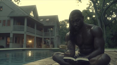 A contemplative black muscular man reading a book by the pool at dusk, with a luxurious house in