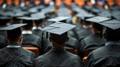 A rear view of graduates in caps and gowns attending a formal academic graduation ceremony in
