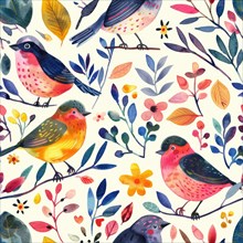 Seamless watercolor pattern featuring birds in various poses amidst foliage AI generated