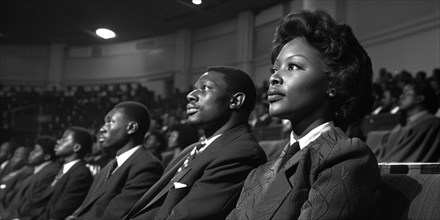 African american audience dressed in formalwear from the 1960s attentively watches an event, AI