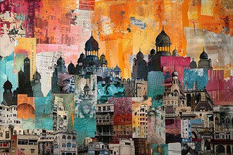 Mosaic-like collage of cultural architecture blended in vibrant abstract colors, illustration, AI