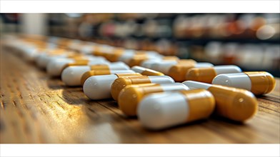Orange and white capsules in a row on a wooden surface, with a soft-focus background, AI generated