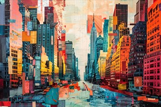 Abstract, colorful collage of urban cityscape with dynamic composition, illustration, AI generated