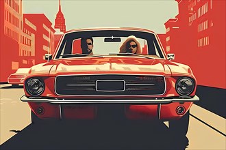 View from the front of a classic red car driving in the city with two passengers, illustration, AI